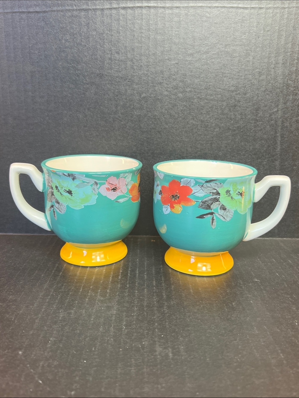 The Pioneer Woman Teal Floral Pedestal Mugs with Yellow Base - Set of 2